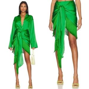 L’Academie from REVOLVE Steve Mini Tassel Skirt in Jewel Green